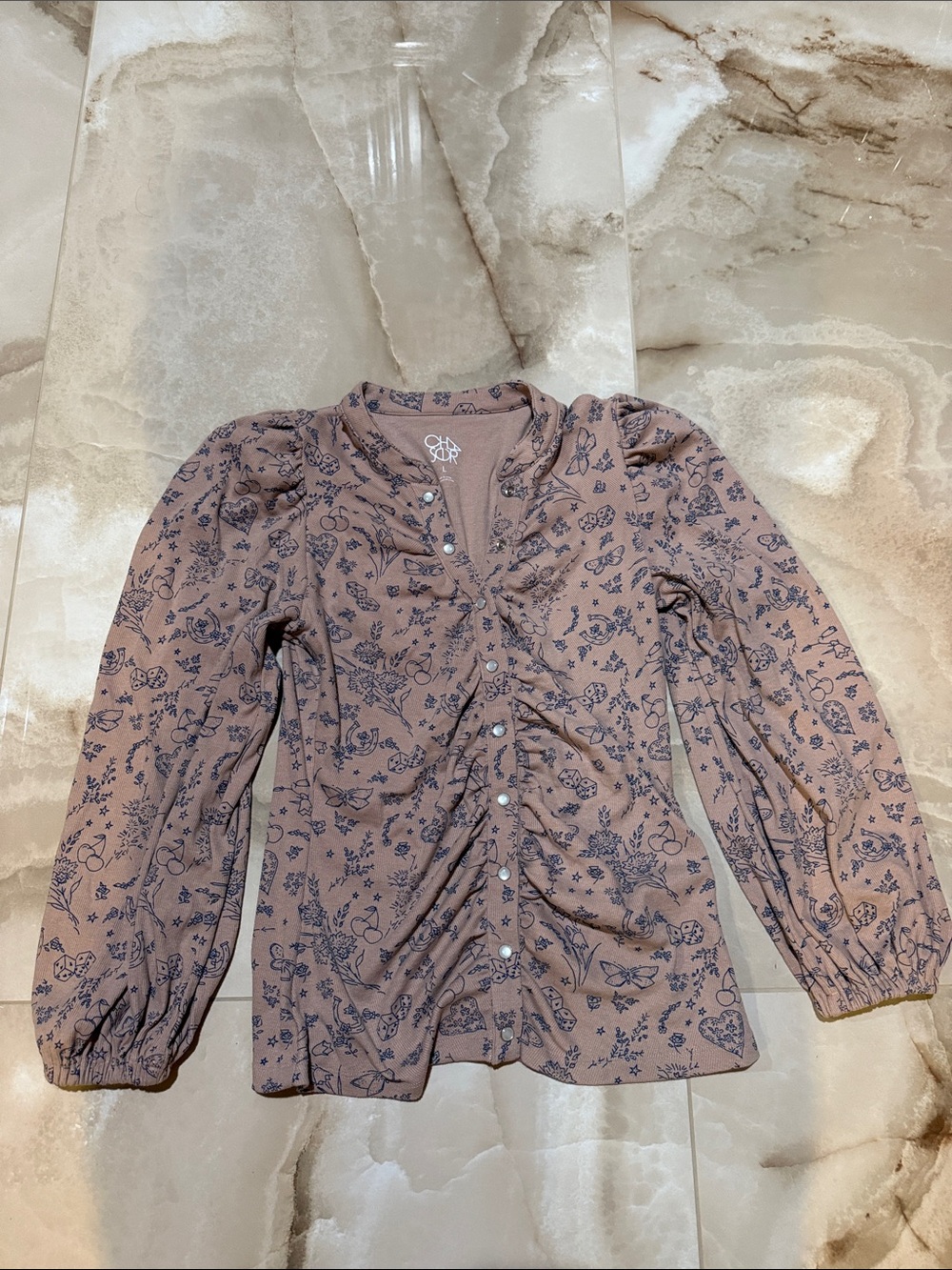 Floral Ruched Button-Front Long Sleeve Top - Dusty Mauve